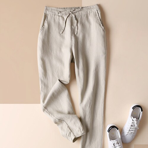 Women Linen Pants Linen Blend Elastic Waist Drawstring Long Etsy