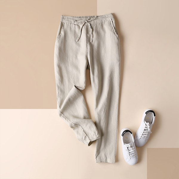 Women's Summer Linen Pants, Elastic Drawstring Waist, Slim Pants