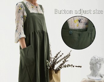 japanese linen apron plus size, crossback linen apron with pockets