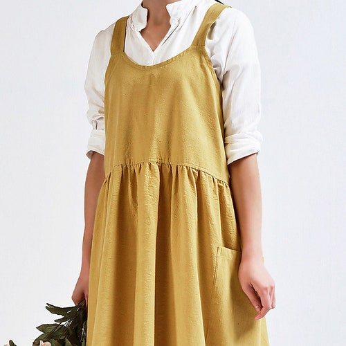 handmade linen apron kitchen, linen crossback apron with pockets, linen pinafore apron yellow