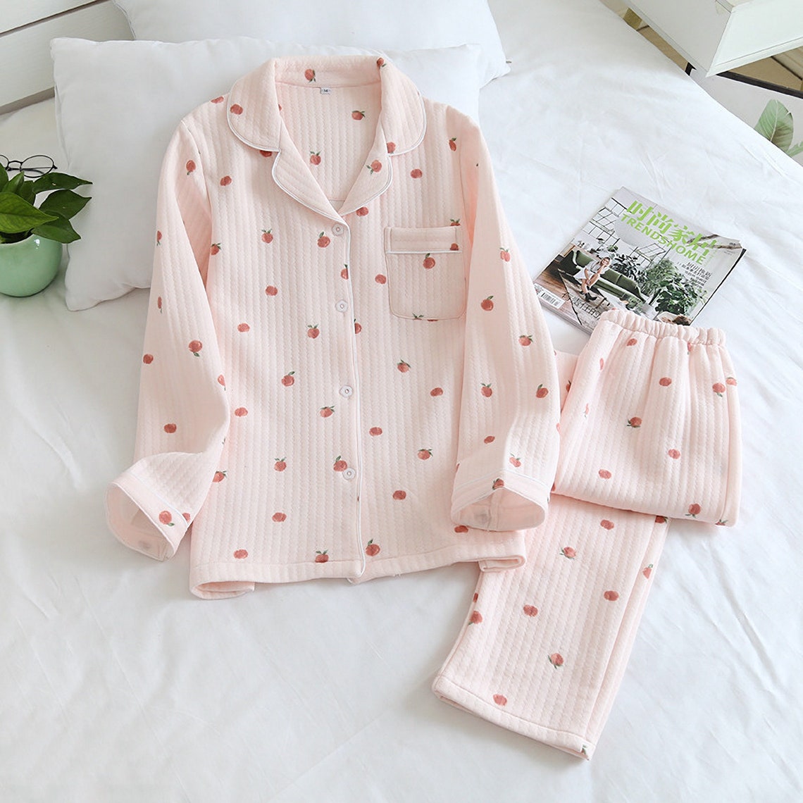 100% Cotton Pajamas Set Apple Print Holiday Pajamas Thick | Etsy