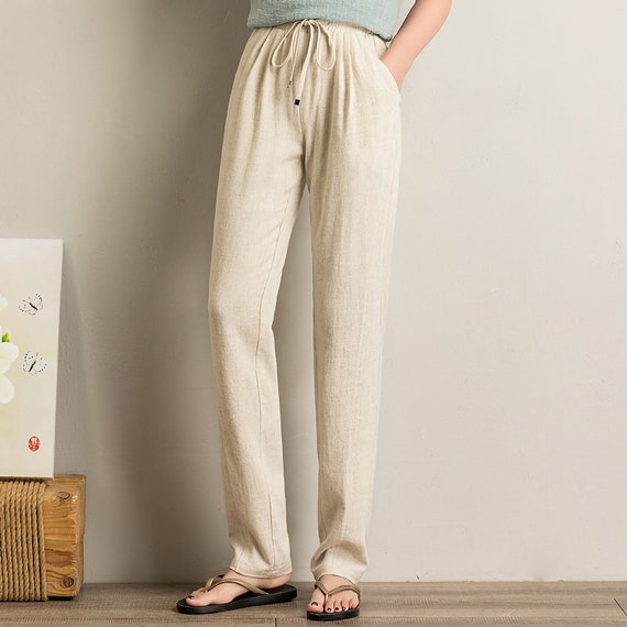 Women Linen Pants, Linen Blend Elastic Waist Drawstring Long Pants, Cotton Pants, Handmade Pants