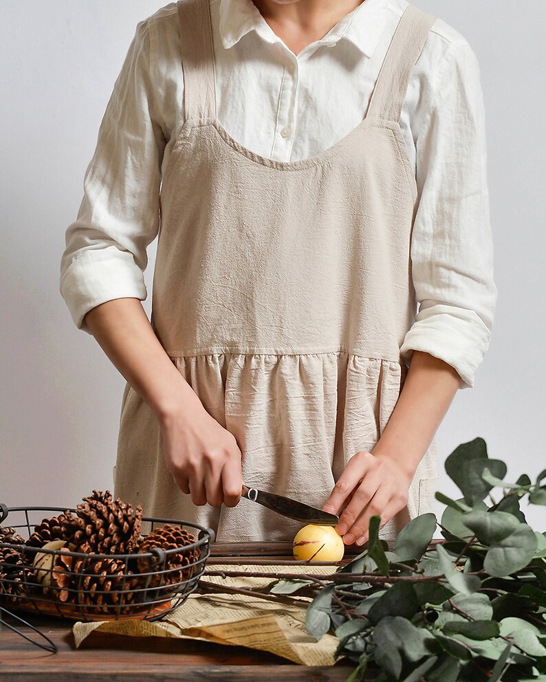 Cross Back Apron With Pockets Linen Cotton Aprons for Women Etsy