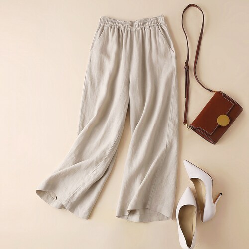Women Linen Pants, 100% Linen Crop Pants Soft Wide Leg Pant