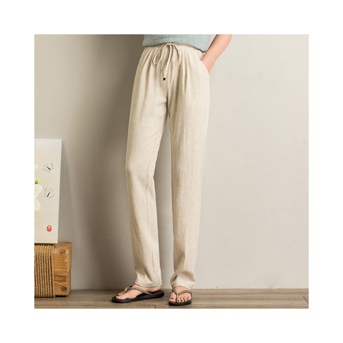 Women Linen Pants Linen Blend Elastic Waist Drawstring Long | Etsy