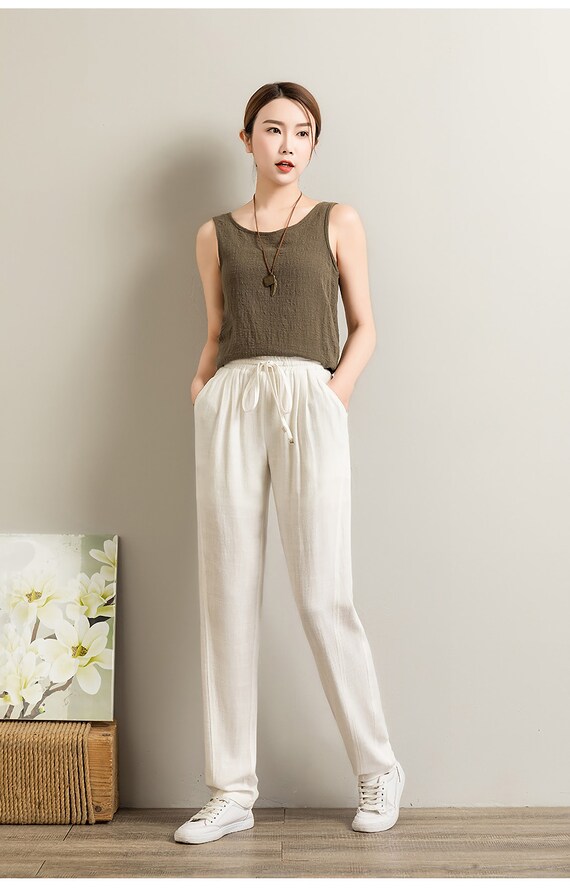 Women Linen Pants Linen Blend Elastic Waist Drawstring Long - Etsy