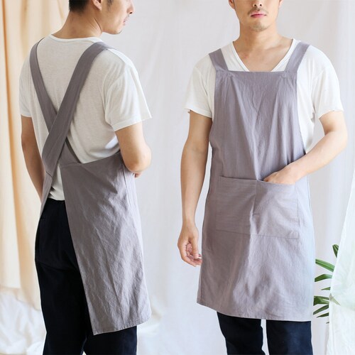 Japanese Linen Apron for Mens Cross Back Apron With Pockets Etsy