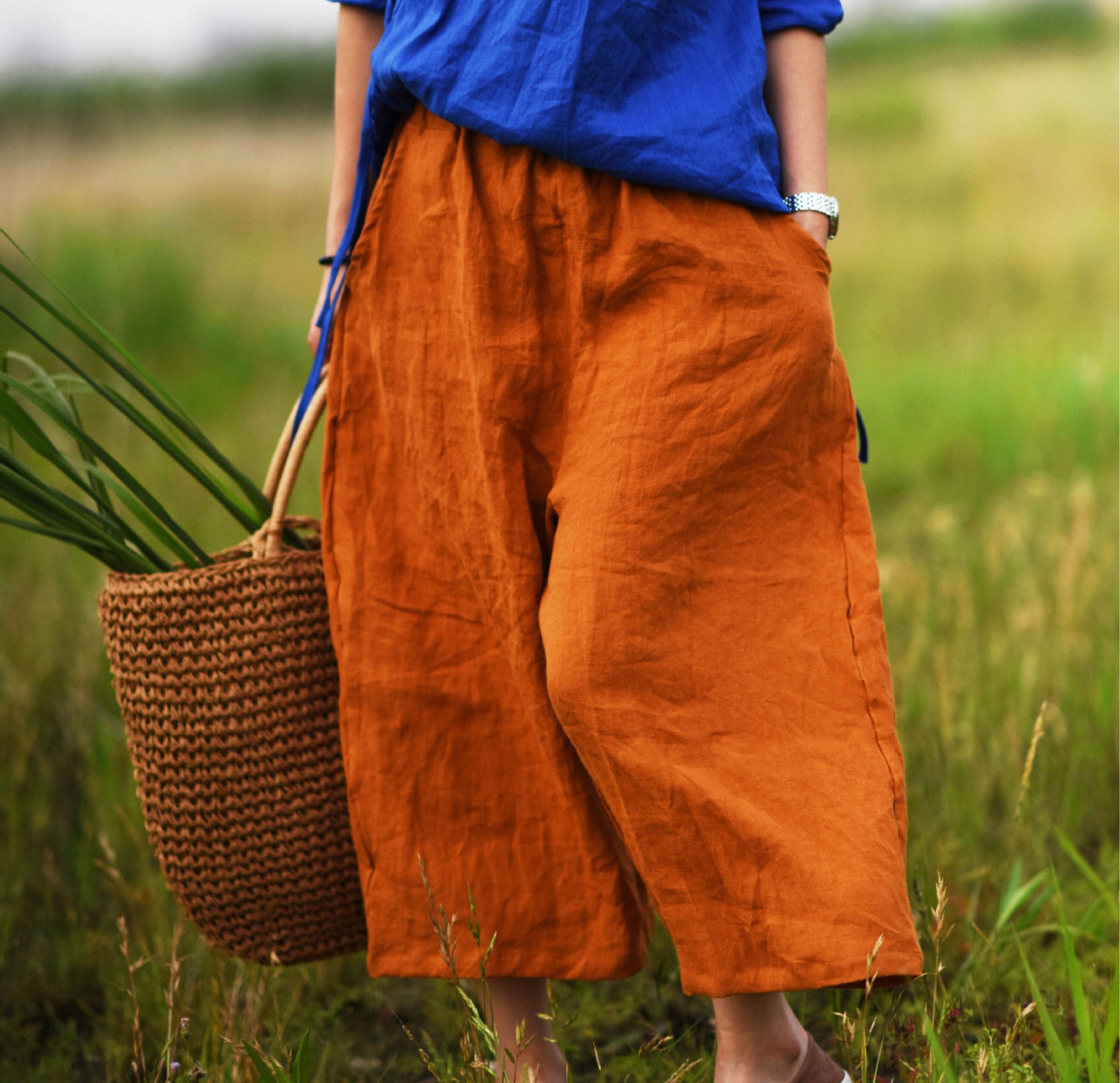 Womens 100% Linen Pants Wide Leg Pants 