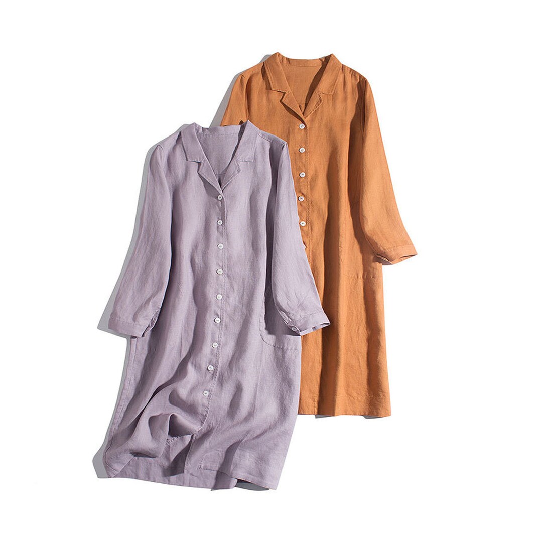 Women Linen Shirt Dress Long Sleeve Buttoned Linen Dress Etsy