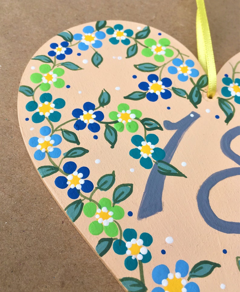 18th Birthday Hand Painted Original Artwork Floral Wooden Heart Choice of Colours