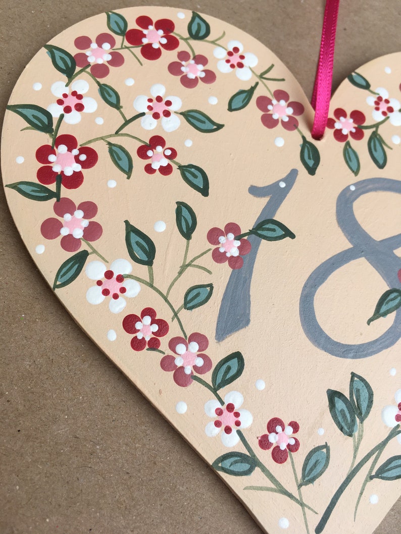 18th Birthday Hand Painted Original Artwork Floral Wooden Heart Choice of Colours