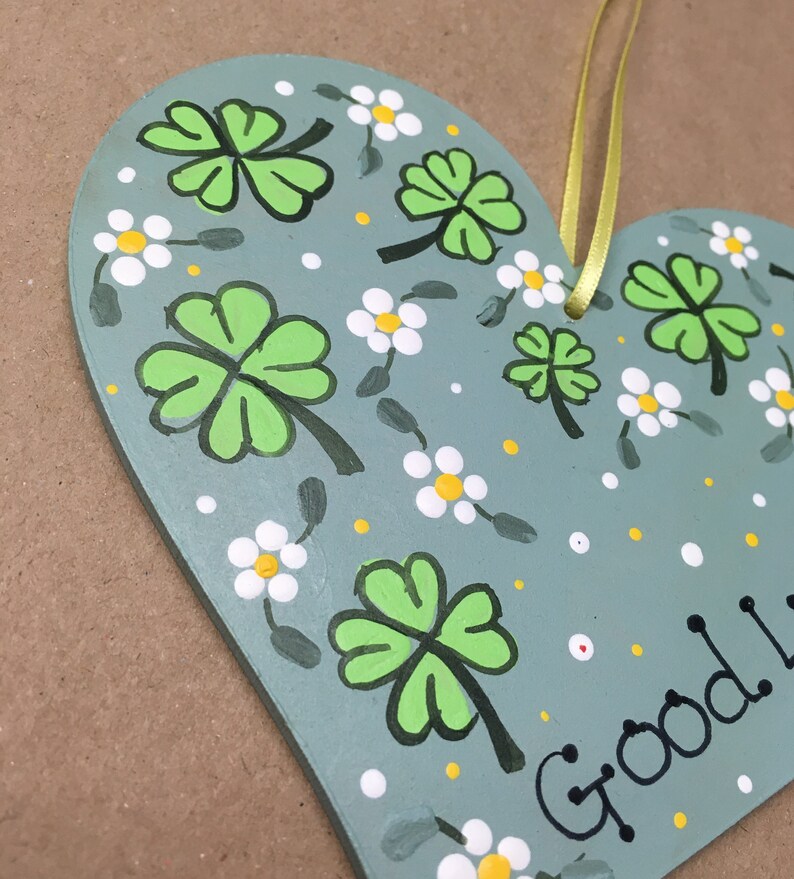 SALE Good Luck Hand Painted Original Artwork Floral Wooden Heart