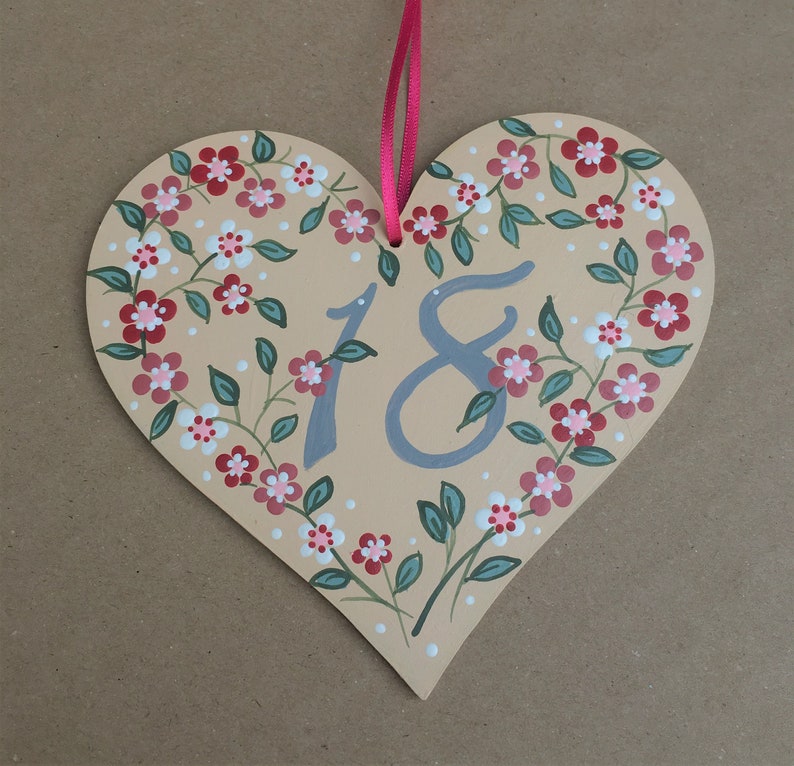 18th Birthday Hand Painted Original Artwork Floral Wooden Heart Choice of Colours