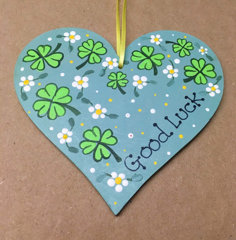 SALE Good Luck Hand Painted Original Artwork Floral Wooden Heart