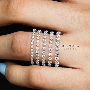 14Kモアッサナイト フルエタニティ ウェディングバンド、ミニマリスト フローティングバブル スタッカブルリング