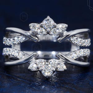 Unique Moissanite Ring Enhancer Marquise And Round Shape Moissanite Double Curved Wedding Band Rose Gold Stacking Matching Wedding Ring