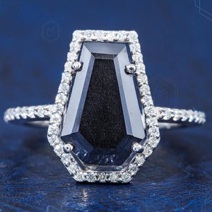 Coffin Shaped Black Moissanite Engagement Ring Vintage Black Coffin Cut Moissanite Ring Unique Diamond Halo Ring Anniversary Ring for Her