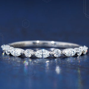 Alternating Moissanite Band 0.40 TCW Marquise and Round Cut Colorless Moissanite Wedding Band Half Eternity Wedding Band Stackable Band