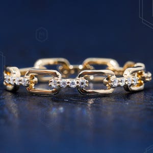 Moissanite Gold Chain Link Ring 14K Solid Gold Minimalist Pave Chain Ring Dainty Gold Diamond Chain Ring Half Eternity EveryDay Ring for her