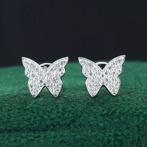Butterfly Stud Earrings Round Cut Moissanite Stud Earrings Minimalist Pushback Stud Earrings Gift For Daughter 14k White Gold Earrings