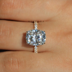 Hidden Halo Elongated Cushion Ring 3.6ct Elongated Cushion Cut Moissanite Engagement Ring For Women Half Eternity Wedding Ring For Bridal
