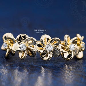 Moissanite Flower Ring Dainty Flower Wedding Band Delicate Half Eternity Band Solid Gold Diamond Wedding Band Vintage Flower Ring