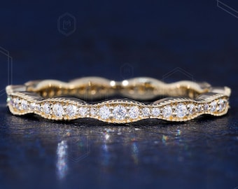 Full Eternity Wedding Band Round Cut Moissanite Matching Band Pave Set Milgrain Band Minimalist Stacking Band 14k Solid Gold Band For Her