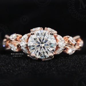 Vintage 1.25 CT Round Cut Moissanite Engagement Ring Leaf 14k Rose Gold Ring Branch Twig Nature Inspired Moissanite Wedding Ring For Women