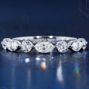 Alternating Round and Marquise Moissanite Wedding Band Womens Half Eternity Moissanite Wedding Band Solid 14K White Gold Matching Band