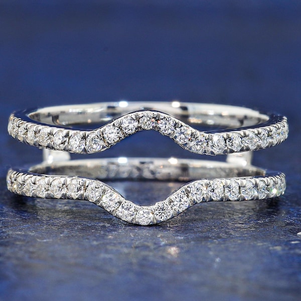 Unique Moissanite Double Curved Wedding Band White Gold Moissanite Enhancer Ring Moissanite Ring Guard Stacking Promise Custom Rings for Her