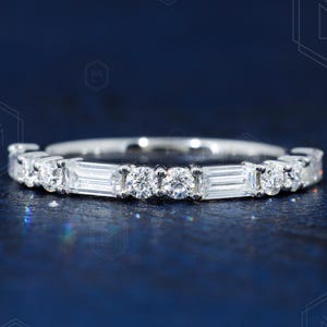0.56 TCW Baguette and Round Colorless Moissanite Wedding Band Half Eternity Band Yellow Gold Band Stackable Band Anniversary Gifts For Her