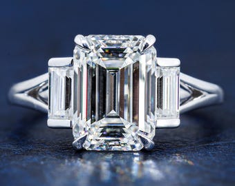 Three Stone Emerald Cut Moissanite Engagement Ring, Side Baguette Moissanite, Three Stone Engagement Ring, Emerald Cut and Baguette Cut