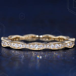 Round Cut Moissanite Full Eternity Wedding Band, Micro Pave Dainty Stacking Ring, Custom Bridal Band in Solid Gold or Silver