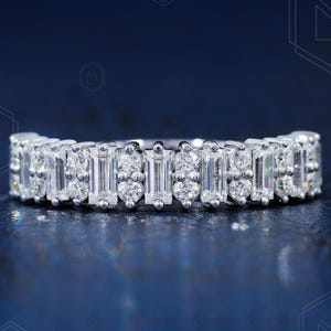 Round And Baguette Cut Moissanite Wedding Band Baguette Anniversary Band White Gold Half Eternity Moissanite Band Gift for Her Wedding Gifts