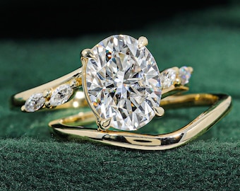 1.5 CT Oval Cut Moissanite Engagement Ring Set, Vintage Bridal Ring Set, Oval Diamond Wedding Ring, Yellow Gold Ring, Anniversary Gift