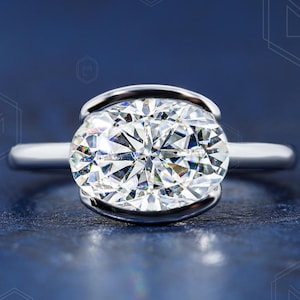 East-West Oval Cut Moissanite Engagement Ring Half Bezel Set 2.0 CT Oval Cut Diamond Ring Solitaire Wedding Ring Anniversary Gift For Her
