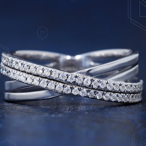 Criss Cross Moissanite Half Eternity Band Double Row X Cross Ring 14K Gold Diamond Criss Cross Ring Minimalist Diamond Ring Infinity Ring