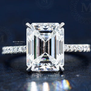 2 CT Emerald Cut Moissanite Engagement Ring Hidden Halo Engagement Ring Claw Prongs Ring Anniversary Gift Ring For Her Bridal Wedding Ring