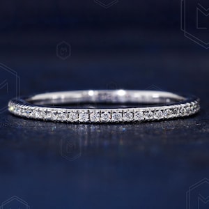 1.5MM Half Eternity Band White Gold Band Micro Pave Moissanite Wedding Band Matching Band Anniversary Band Dainty Ring, Stacking Ring