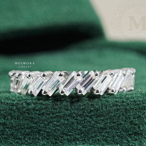 14K Solid Gold Leaned Baguette Wedding Ring Leaned Baguette Cut Wedding Band Half-Eternity Stackable Moissanite Band For Women Matching Band