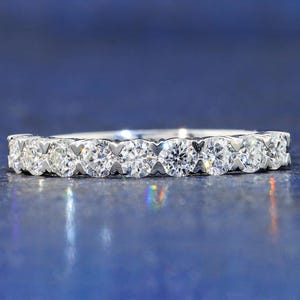 Yellow Gold Moissanite Half Eternity Wedding Band, Round Diamond Anniversary Ring