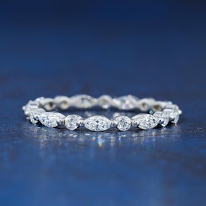 1 CTW Marquise & Round Moissanite Wedding Band, Full Eternity Ring, 14K Gold Stackable Anniversary Band, Bridal Promise Gift