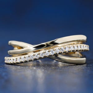 Solid Gold Criss Cross Moissanite Ring, Minimalist Stackable Band