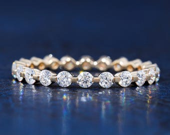 14k Gelbgold Ehering 2,3 mm rund Brilliantschliff Voll Eternity Band Moissanite Jubiläumsring Floating Bubble Band Flat Bubble Prong
