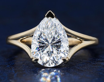 2 carat Pear Shaped Moissanite Engagement Ring 14K Solid Gold Pear Cut Split Shank Engagement Wedding Ring Tear Drop Solitaire Diamond Ring