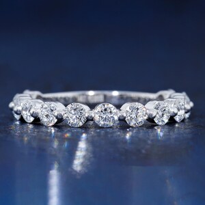 3/4 Eternity Wedding Band 3 MM Round Colorless Moissanite Wedding Band Floating Bubble Prong Set Women's Wedding Band Stackable Band For Her