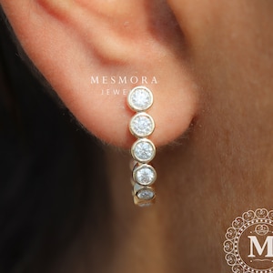 Bezel Set Round Moissanite Gold Hoop Earrings 14K Solid Gold Huggies Hook Vintage Earrings Wedding Bridal Dainty & Minimalist Earrings