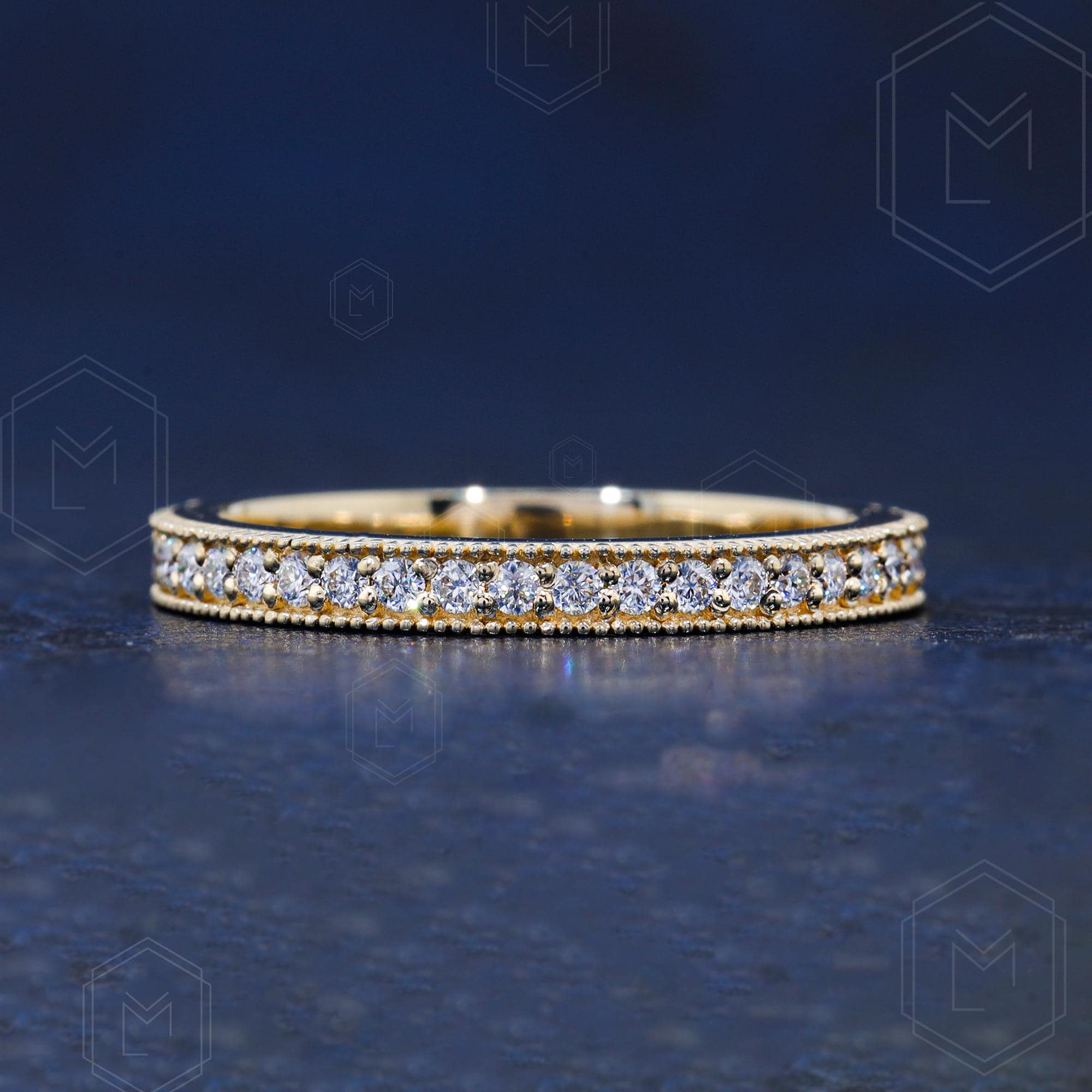 14K Solid Gold Moissanite Wedding Band Milgrain Full Eternity Band ...