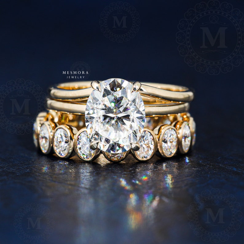 Oval Cut Moissanite Engagement Ring Set Vintage Yellow Gold Bridal Ring ...