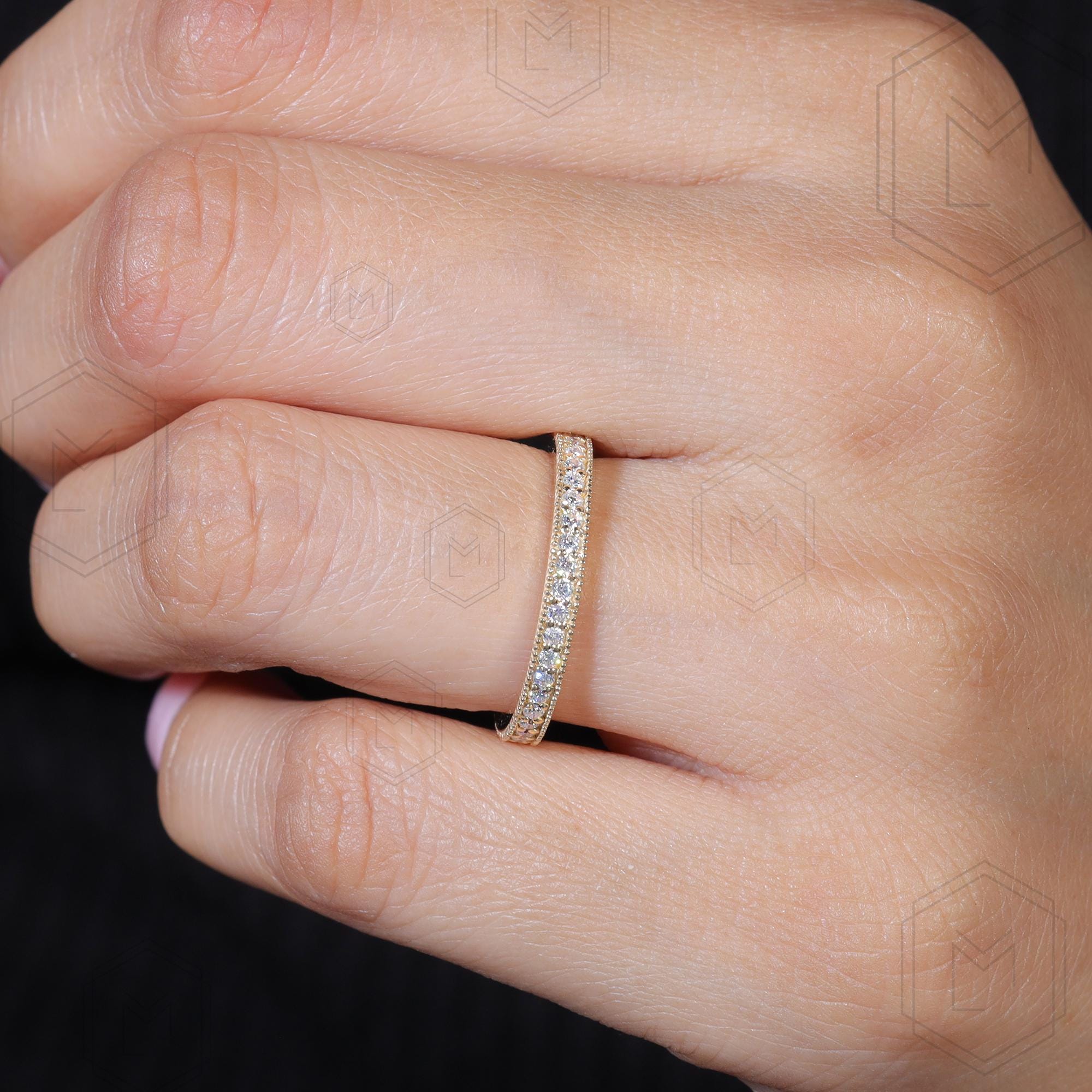 14K Solid Gold Moissanite Wedding Band Milgrain Full Eternity Band ...